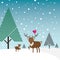 Buck, deer and bird in snow with pine trees