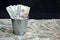 A bucket of dollars Ð¾n a background of pile of hundred-dollar bills.