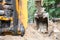 Bucket excavator in a pile of sand and asphalt debris