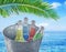 Bucket with four bottle of refreshment drink with sea background