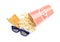 Bucket of fresh popcorn, tickets and 3D glasses on background, top view. Cinema snack