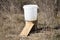 Bucket with fresh water dripping from tap on carved wooden board, so honeybees can land and drink fresh water.