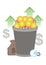 A bucket of light bulbs with money symbols and money bags