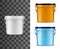 Bucket mockups. White, orange, blue pails and lids