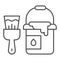 Bucket of paint and brush thin line icon, house repair concept, building painter tools sign on white background, paint