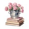 Bucket of Pink Roses on a Stack of Books