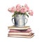 Bucket of Pink Roses on a Stack of Books