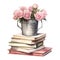 Bucket of Pink Roses on a Stack of Books