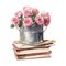 Bucket of Pink Roses on a Stack of Books