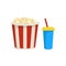 Bucket of popcorn and sweet cocktail in plastic cup with drinking straw. Tasty snack and drink. Icons related to cinema theme.