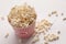 Bucket of popcorn on white background