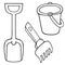 Bucket, spade and rake. Sketch Set of vector illustrations. Outline on an isolated white background. Doodle style. Collection.