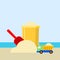 Bucket and spade with sand isolated on background. Shovel for sandbox. Vintage plastic toys for kids. Childhood concept. Vector