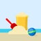 Bucket and spade with sand isolated on background. Shovel for sandbox. Vintage plastic toys for kids. Childhood concept. Vector