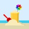 Bucket and spade with sand isolated on background. Shovel for sandbox. Vintage plastic toys for kids. Childhood concept. Vector