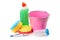 Bucket, sponges and chemical products for cleaning isolated