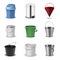 Buckets assortment, household plastic and metal packaging realistic set.
