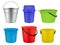 Buckets collection. Empty plastic or metal containers for liquids water or garbage vector realistic buckets