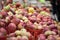 Buckets of Honeycrisp Apples for sale on a Canadian market in Montreal. It is a popular autumn fruit