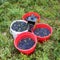 Buckets with picked blueberry berries on a fuzzy forest background, berry picking device, berry picking tools, a bucket and berry
