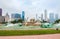 Buckingham Memorial Fountain with skyscrapers in background in Chicago Grant Park, USA