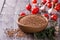 Buckwheat in a bowl with tomato, garlic and thyme