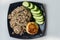 Buckwheat cereal with grilled chicken cutlet and slised cucumber