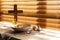 Buckwheat, garlic, wooden cross and candle on window sill indoors. Great Lent season