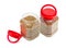 Buckwheat groats in two plastic containers with red covers