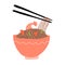 Buckwheat noodles in bowl and chopsticks are holding soba. Vector illustration of cooked soba noodles with shrimps, vegetables in