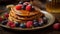 Buckwheat pancakes with berry fruit and honey on wooden vintage table