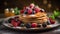 Buckwheat pancakes with berry fruit and honey on wooden vintage table
