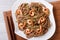 Buckwheat soba noodles with shrimp close-up. horizontal top view