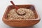 Buckwheat uncooked in wooden bowl