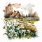 Bucolic Beauty: Watercolor Farmhouse and Spring Garden AI Generated