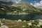 Bucura lake in june with snow patches and flowers