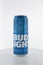 Bud Light american beer blue can chilled on a white background