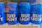 Bud light american beer blue cans in the refrigerator Mexico
