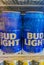 Bud light american beer blue cans in the refrigerator Mexico