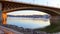 Buda skyline through the Margaret Bridge arch, Budapest, Hungary