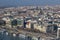 Budapest Aerial panorama many roofs of historic buildings on the banks of the Don with docks for pleasure craft. Hungary