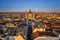 Budapest, Hungary - Aerial drone view of the beautiful St. Stephen`s Basilica at sunset with warm summer afternoon lights