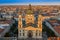 Budapest, Hungary - Aerial drone view of the beautiful St. Stephen`s Basilica at sunset with warm summer afternoon lights