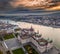 Budapest, Hungary - Aerial panoramic drone view of the Hungarian Parliament building on a november afternoon