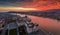 Budapest, Hungary - Aerial panoramic drone view of the Hungarian Parliament building on a winter afternoon