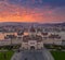 Budapest, Hungary - Aerial panoramic drone view of the Parliament of Hungary at sunset with beautiful dramatic purple clouds
