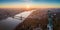 Budapest, Hungary - Aerial panoramic sunrise view at the Statue of Liberty with Liberty Bridge