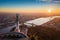 Budapest, Hungary - Aerial panoramic sunrise view at the Statue of Liberty with Liberty Bridge