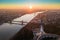 Budapest, Hungary - Aerial panoramic sunrise view at the Statue of Liberty with Liberty Bridge and sightseeing boats