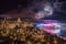 Budapest, Hungary - Aerial panoramic view of the 20th August 2019 State Foundation Day fireworks with illuminated Buda Castle